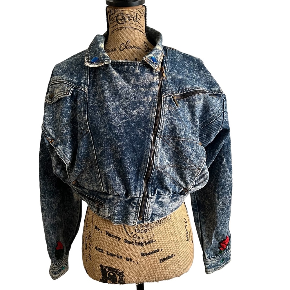 Ruth Douglas 80's‎ Hand Beaded, Acid Wash, Cropped Moto Style Denim Jacket